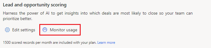Screenshot of the Lead and opportunity scoring section of the Get started with digital sales page, with Monitor usage highlighted.