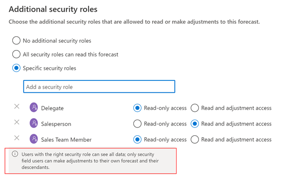 A screenshot of the Permissions step of the Forecast configuration page, with additional security roles defined.