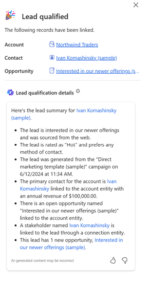 Screenshot of the Lead qualified page that appears after the lead is qualified.