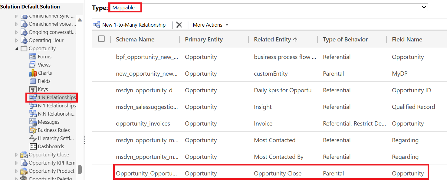 Screenshot of the Opportunity to Opportunity Close relationship mapping