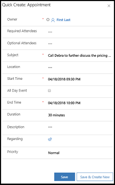 Screenshot of quick create appointment.
