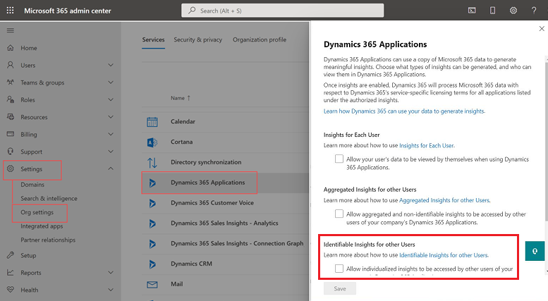 A screenshot of the Microsoft 365 admin center Org settings, with the Dynamics 365 Apps consent form shown.