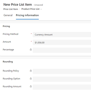 Pricing information tab on the price list form.