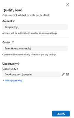Screenshot of the Qualify side pane when record creation is set to automatic for contact and account, and manual for opportunity.