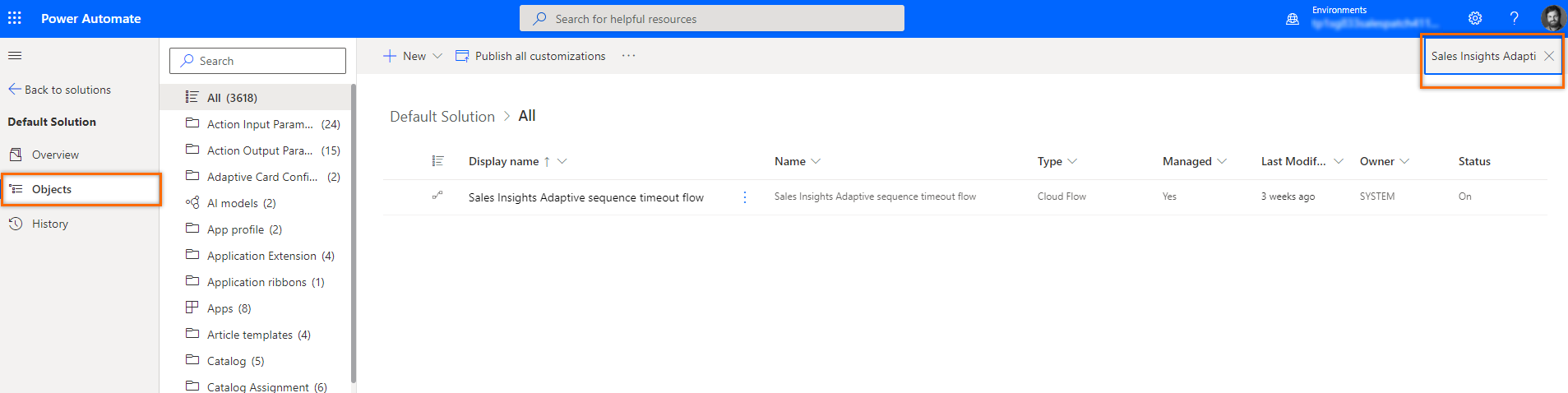 Screenshot of searching and selecting the Sales Insights Adaptive sequence timeout flow.