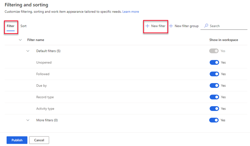 Screenshot of the Filtering and sorting page, with the Filter tab and New filter highlighted.