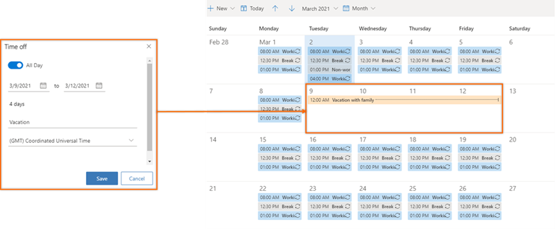 Screenshot of setting time off for a family vacation.