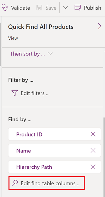 Image of the Find by section in the right pane with the Edit find table column highlighted.