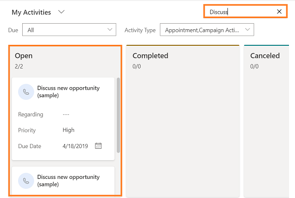 Use the Search box to filter records in the Kanban view.