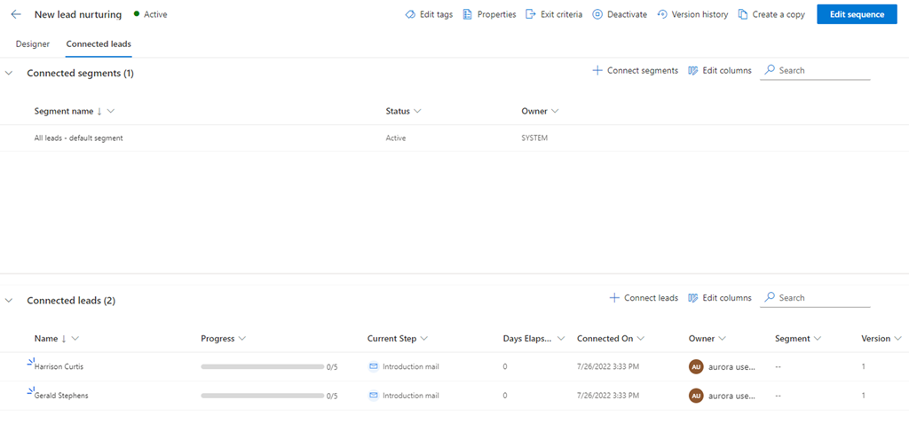 Connected records tab of a sequence