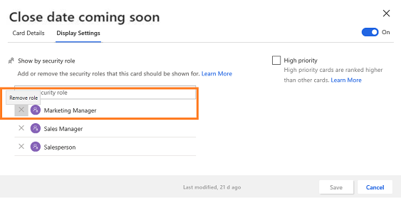 Screenshot of security roles being removed for a card.