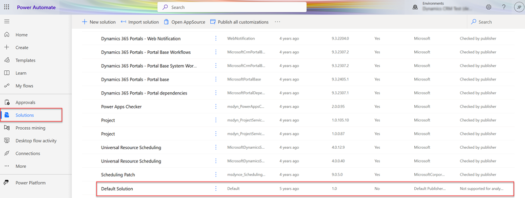 Screenshot of select Default Solution option.