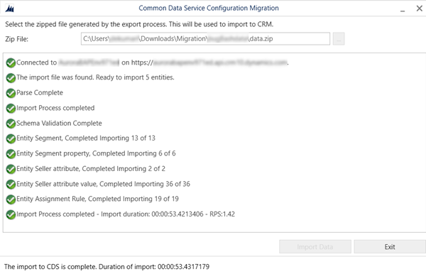 Screenshot of successful import of schema file to the target environment.