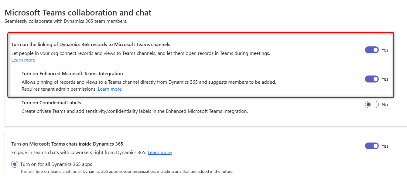 Screenshot of Microsoft Team collaboration and chat settings