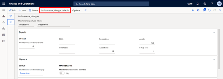 Maintenance job type defaults button.