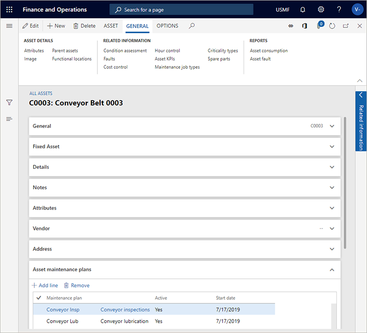 An example of maintenance plans set up on an asset.