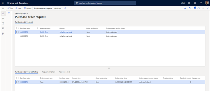 Purchase order status on the Purchase order request page.