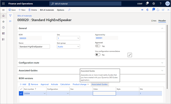 Open the Guides associated with a selected BOM version.