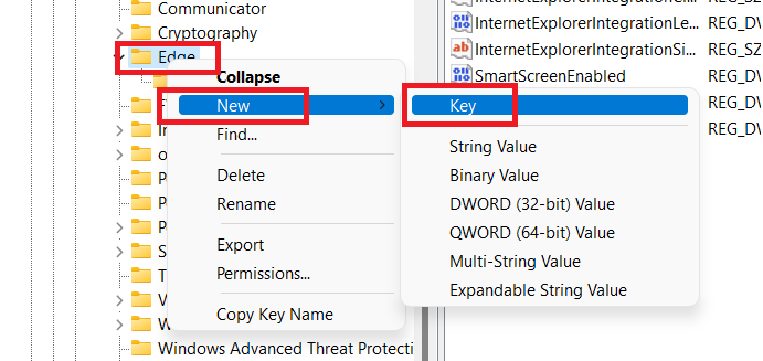 A screen capture of Registry's GUI, demonstrating creation of new key via right-click context menu. Right-click > New > Key