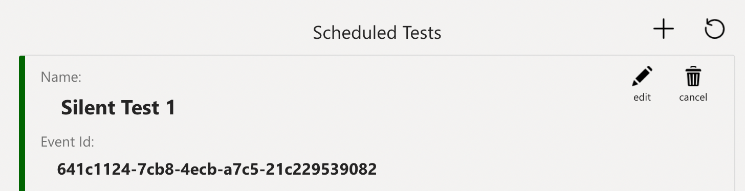 Scheduled Tests window with trash can icon shown at upper right.