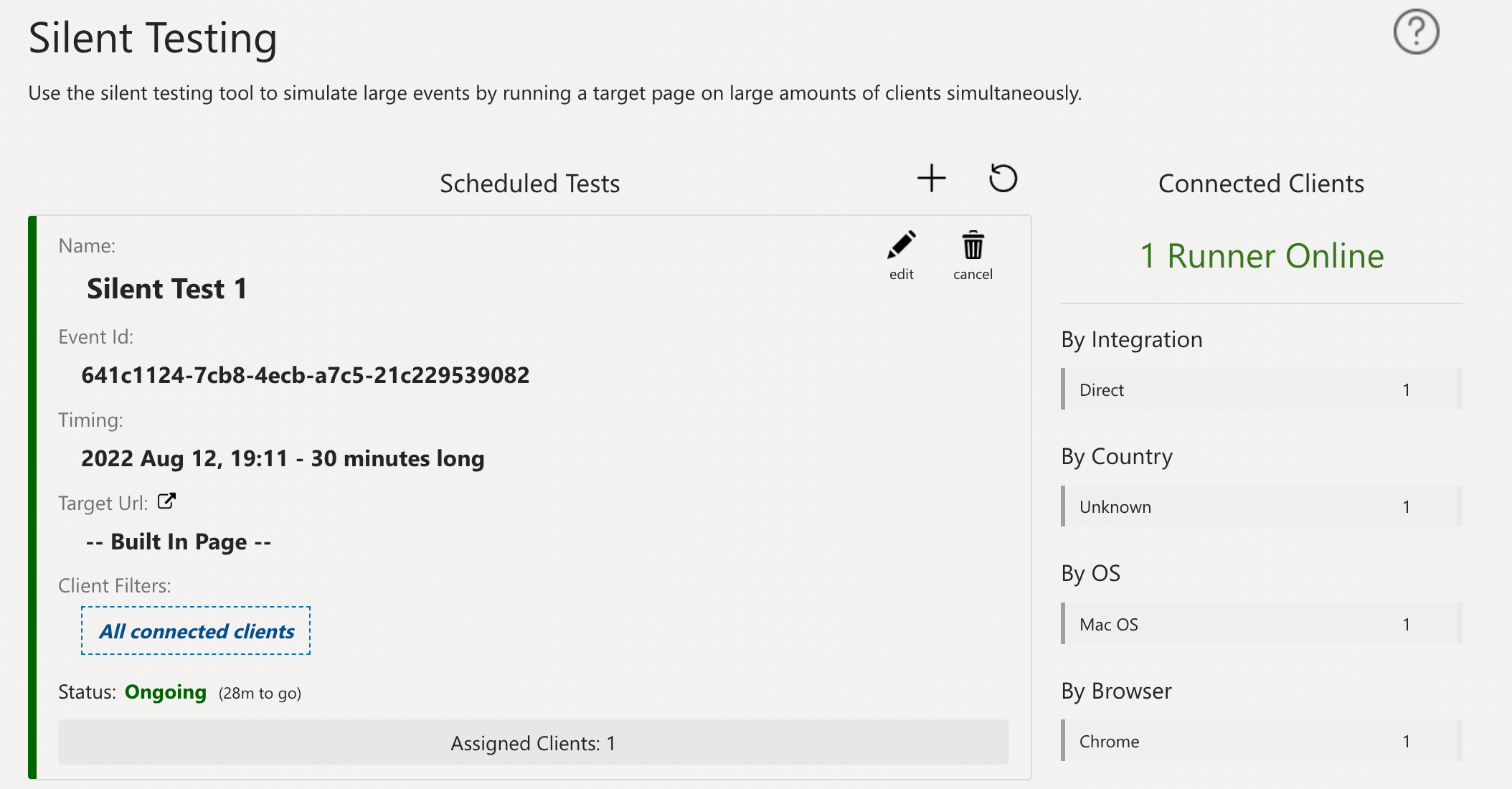 Screenshot of silent testing page with one online runner and a test labeled Silent Test 1 with 1 assigned client/runner.