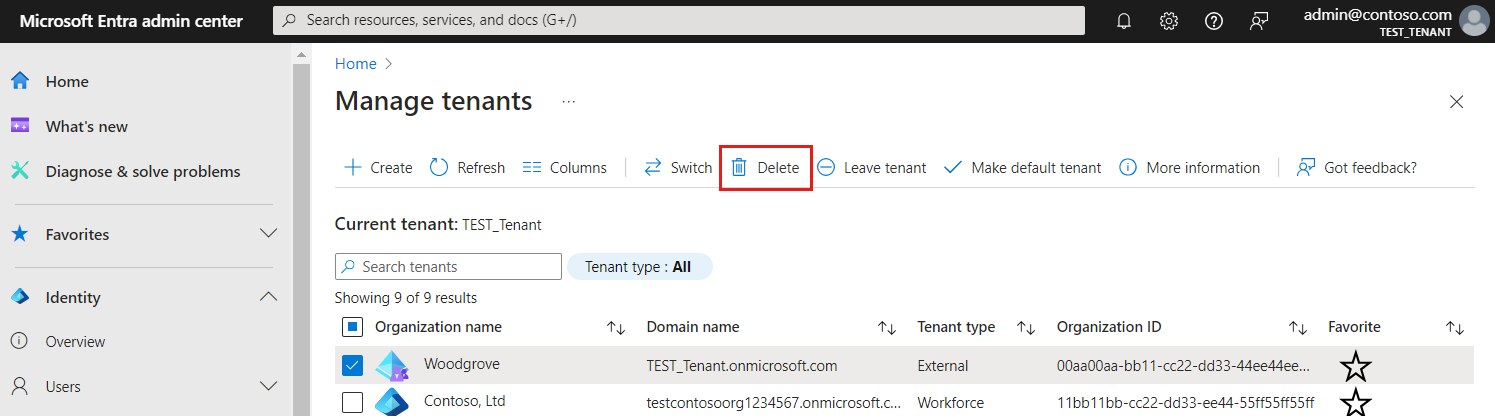 Screenshot that shows how to delete the tenant.