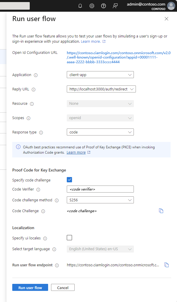 Screenshot showing the Run user flow pane.