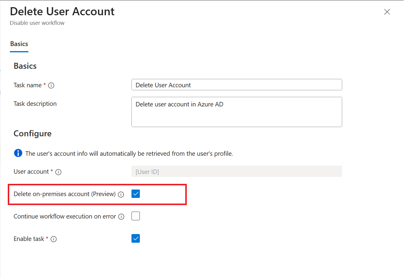 Screenshot of setting on-premises flag to delete account.