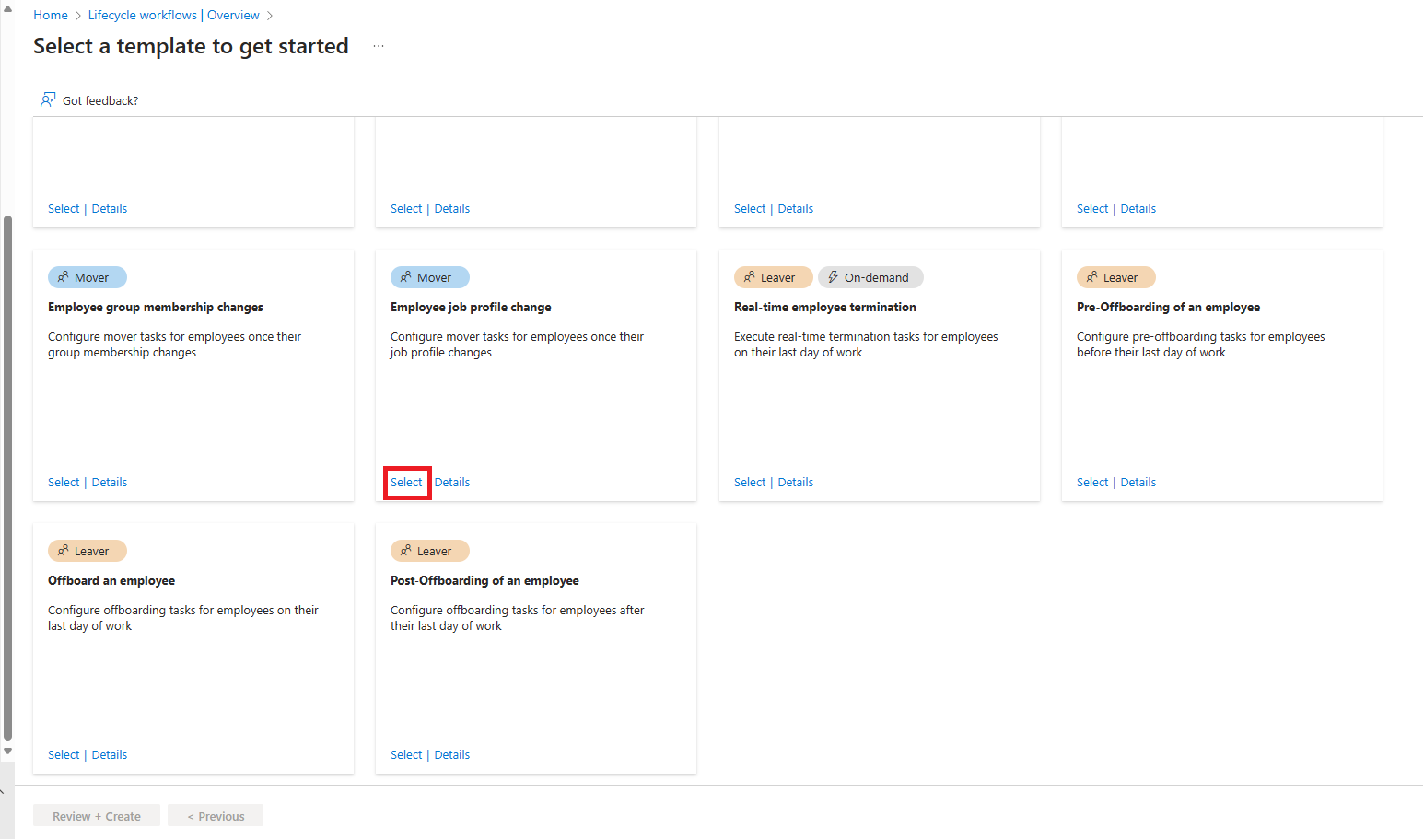 Screenshot of selecting the employee job profile change template.