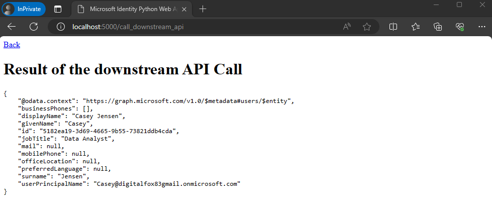 Screenshot showing the results of a successful API call.