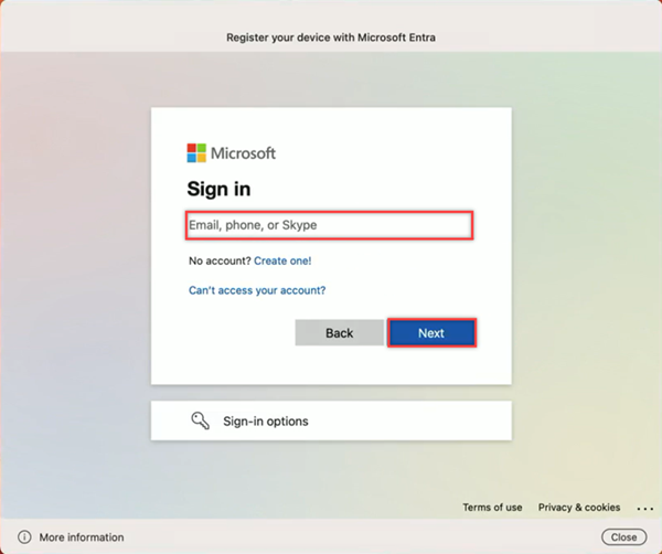 Screenshot of the registration window prompting sign in with Microsoft.