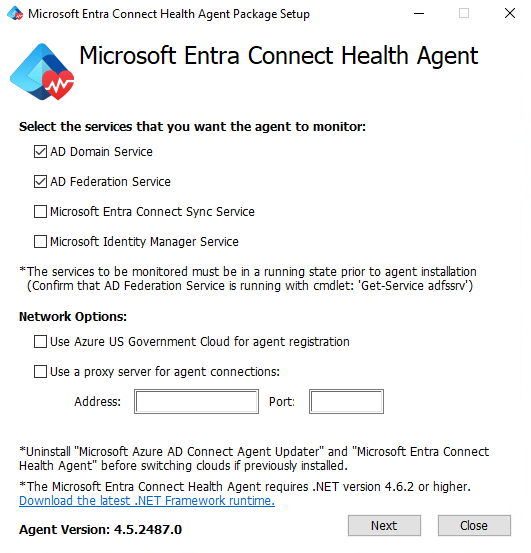Screenshot that shows the Microsoft Entra Connect Health agent for AD DS installation window.
