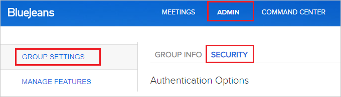 Screenshot shows part of a browser window with the Admin tab selected, with Group Setting and Security selected.