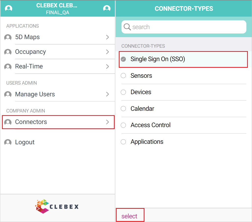 Screenshot to select connector type.