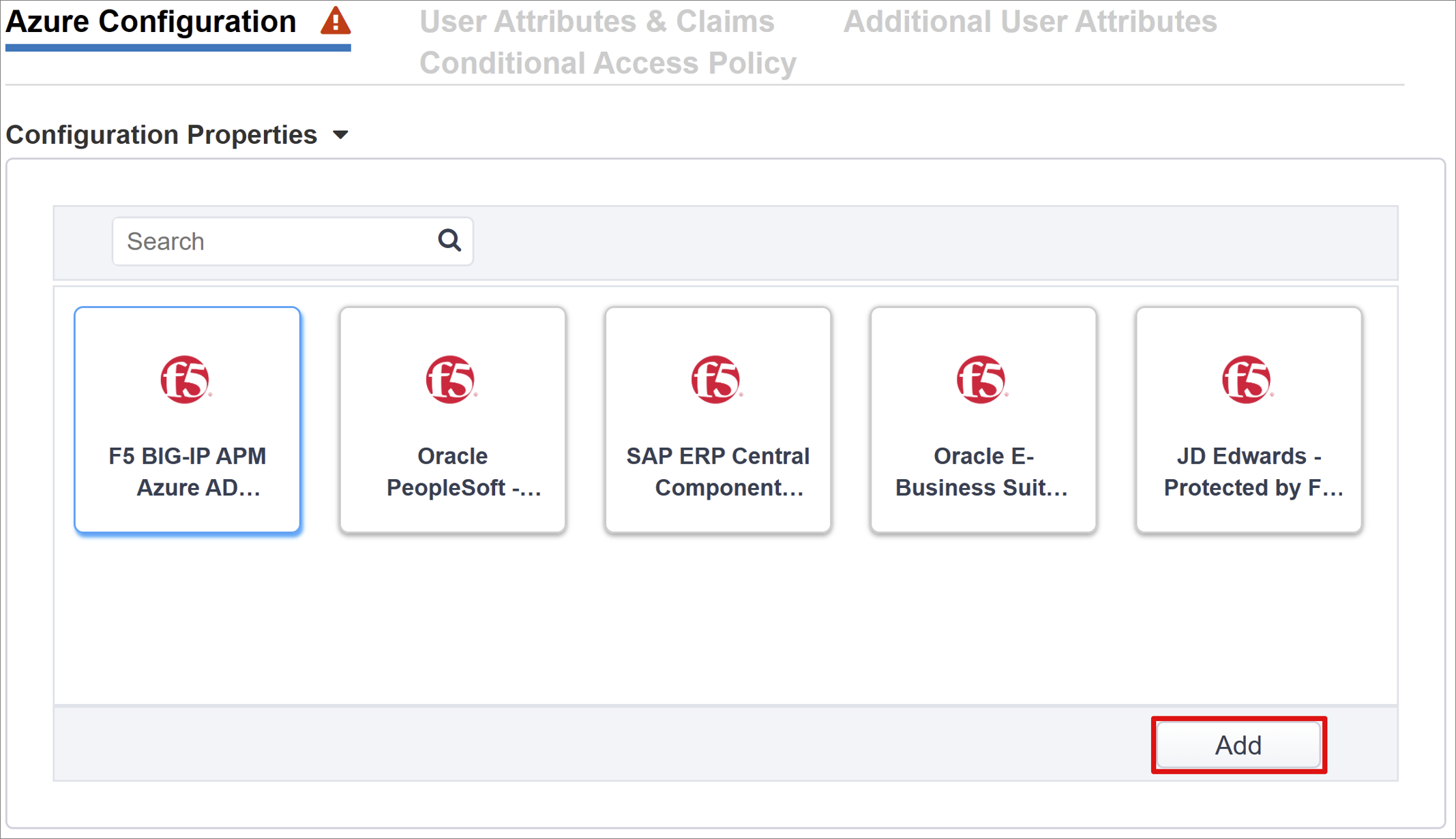 Screenshot for Azure configuration add BIG-IP application.