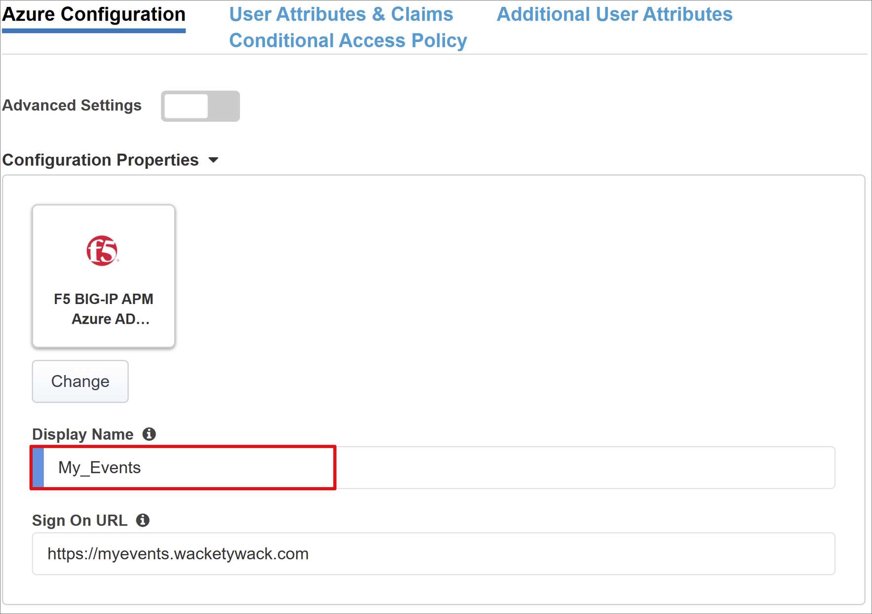 Screenshot for Azure configuration add display info.