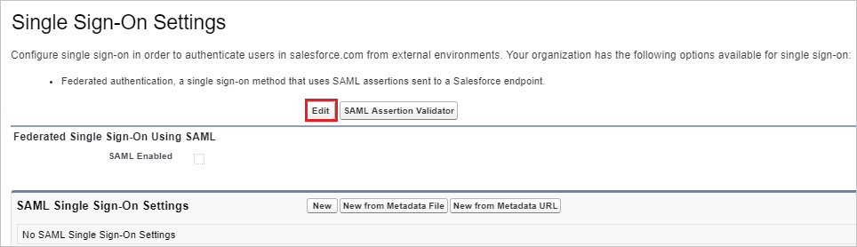 Screenshot that shows the "Single Sign-On Settings" page with the "Edit" button selected.