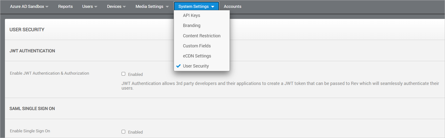 Screenshot of Vbrick Rev User Security Settings.
