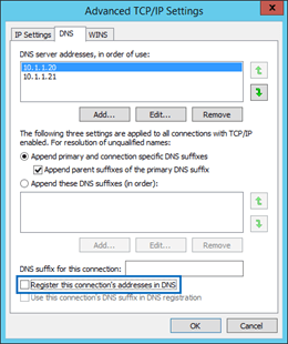 DNS tab on Advanced TCP/IP Settings window.