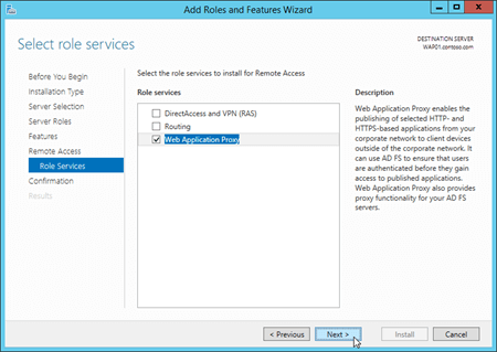 Select Web Application Proxy on the 'Select role services' page.