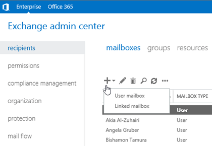 In the EAC, click Recipients, Mailboxes, New, keywords: Exchange create mailbox.