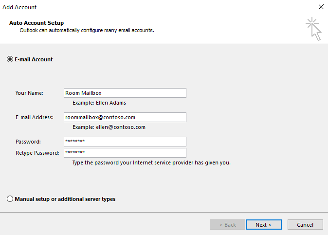 Screenshot to enter the account information on the Auto Account Setup page.