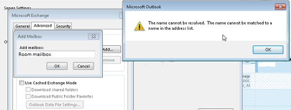 Screenshot of the name error message when adding a cross-forest Room or Resource mailbox in Outlook.