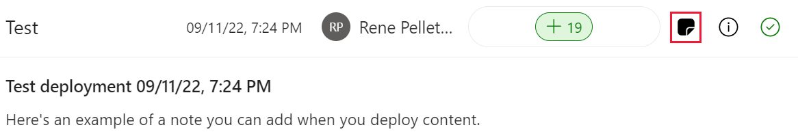 A screenshot of the deployment pipelines history note icon selected, with the expanded note displayed.