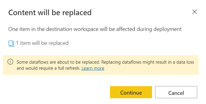 A screenshot of the replaced content warning displayed when a deployment is about to cause changes to items in the stage you're deploying to.