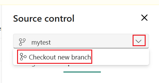 Screenshot showing how to check out a new branch from the source control panel by selecting the down arrow.