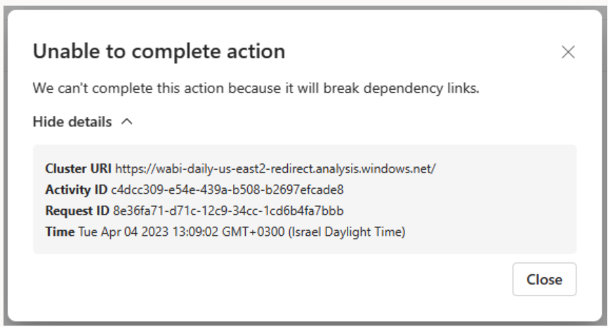 Screenshot of error message when the updating would break dependencies.