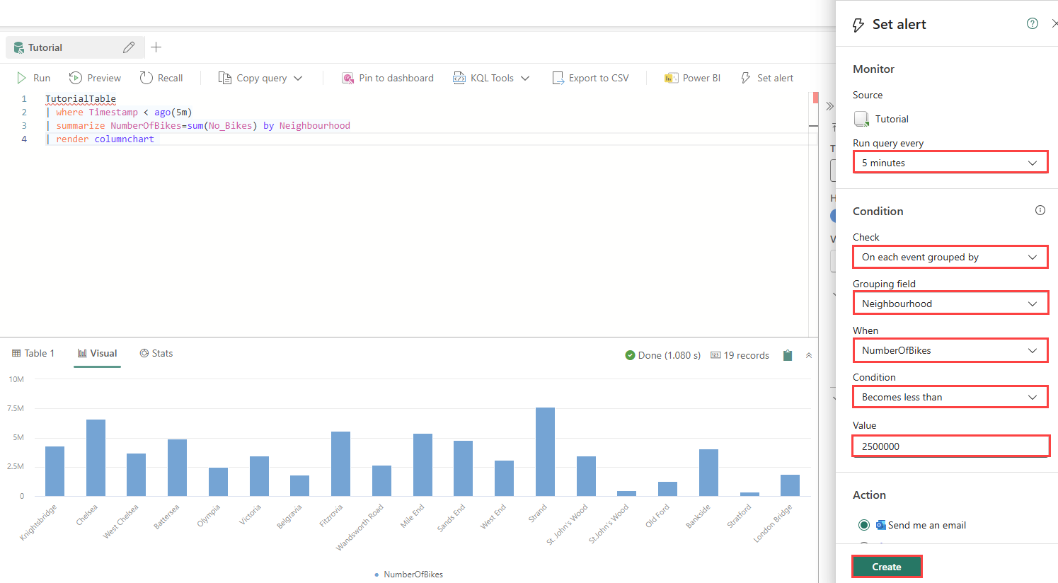 Screenshot of the set alert pane in the KQL queryset for creating a Data Activator alert.