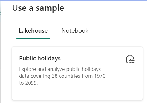Screenshot on selecting the sample data Lakehouse option.