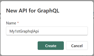 Screenshot of the New API for GraphQL dialog box, showing where to enter the Name and select Create.